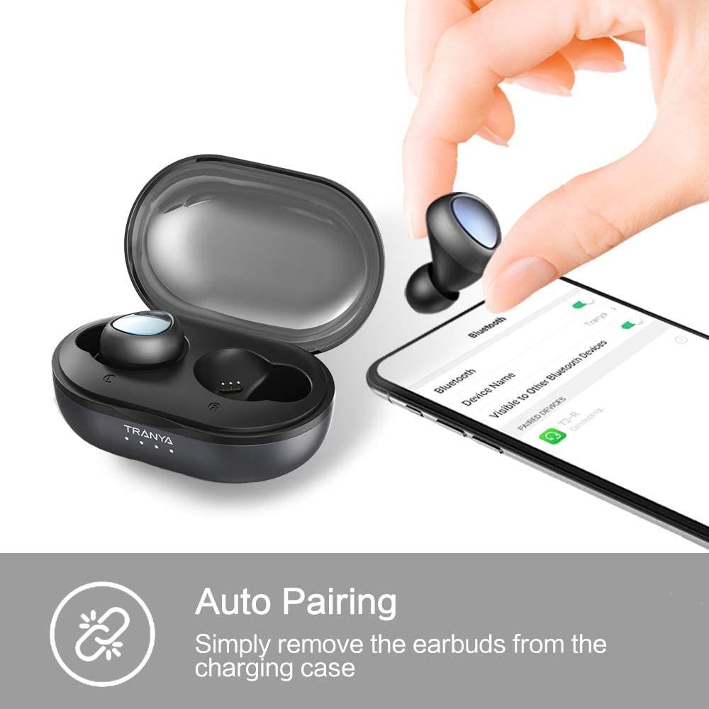 Tranya T3 True Wireless Earbuds- Auto pairing . Simply remove the earbuds from the carrying case.