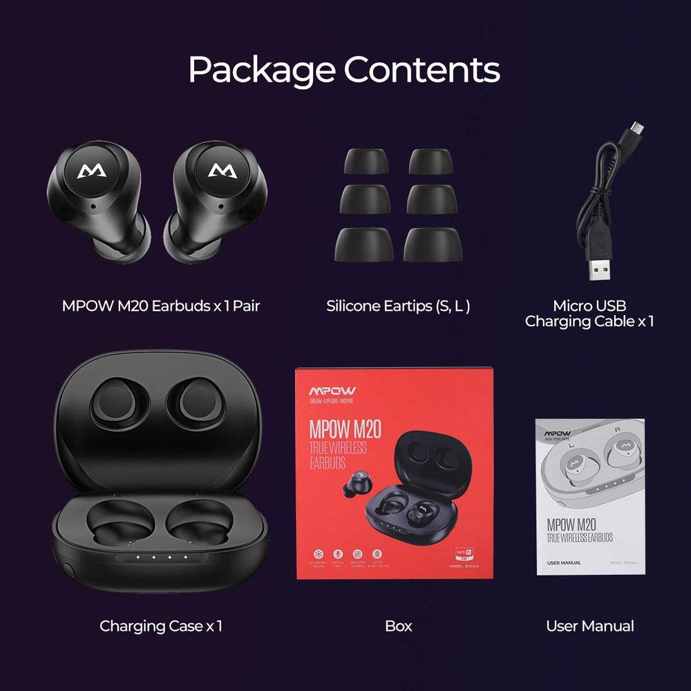 Mpow M20 True Wireless Earbuds- Package Contents.